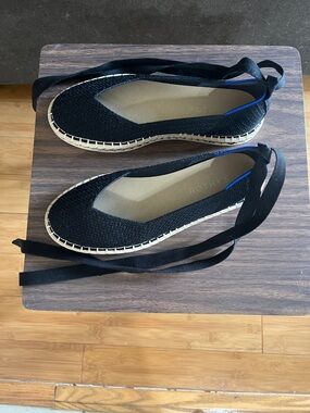 Rothy's Black Knit Espadrille Ballet Flat with Ankle Wrap